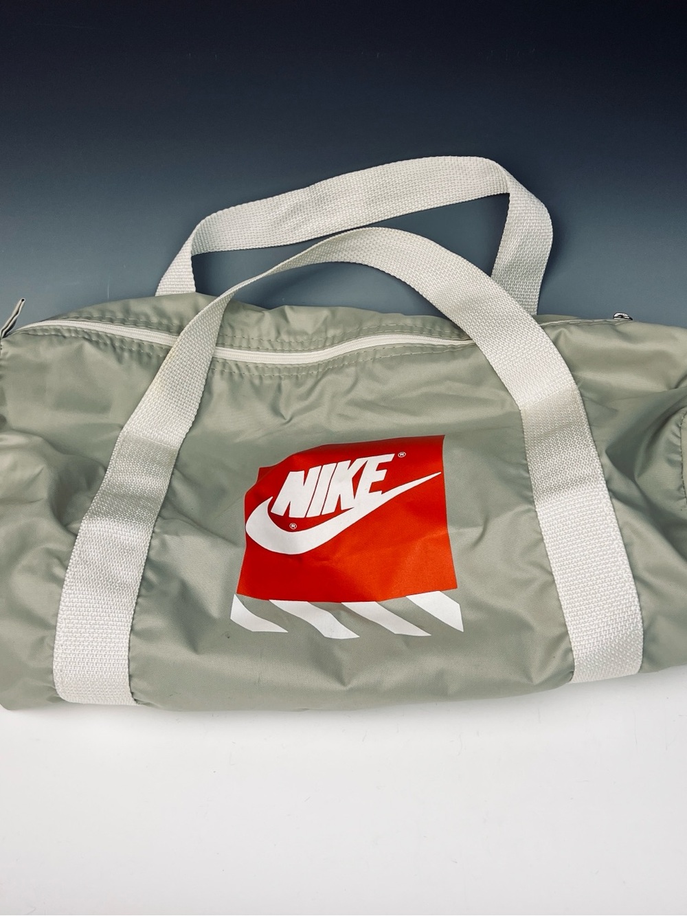 Vintage Nike Light Gray Small Nylon Duffel Bag with White Straps Pre 1995